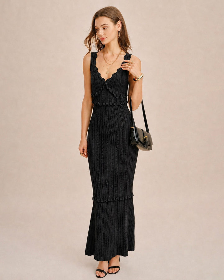 Black V Neck Mermaid Sweater Maxi Dress