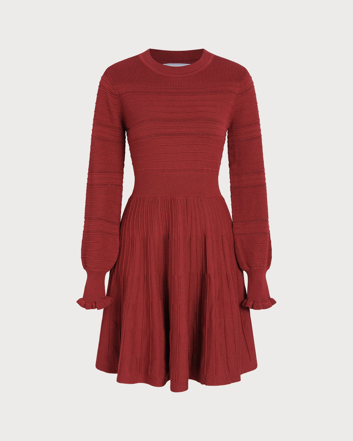 Wine Red Lantern Sleeve A-Line Sweater Dress