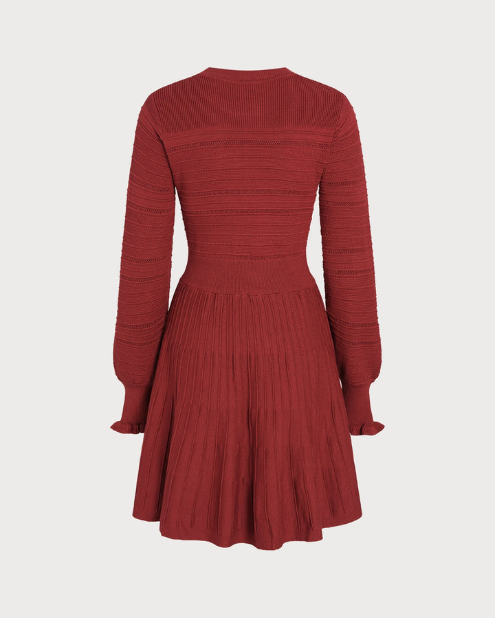 Wine Red Lantern Sleeve A-Line Sweater Dress