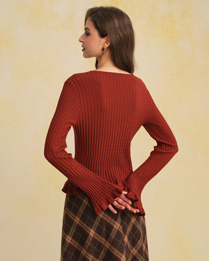 Brown V Neck Bell Sleeve Knit Cardigan