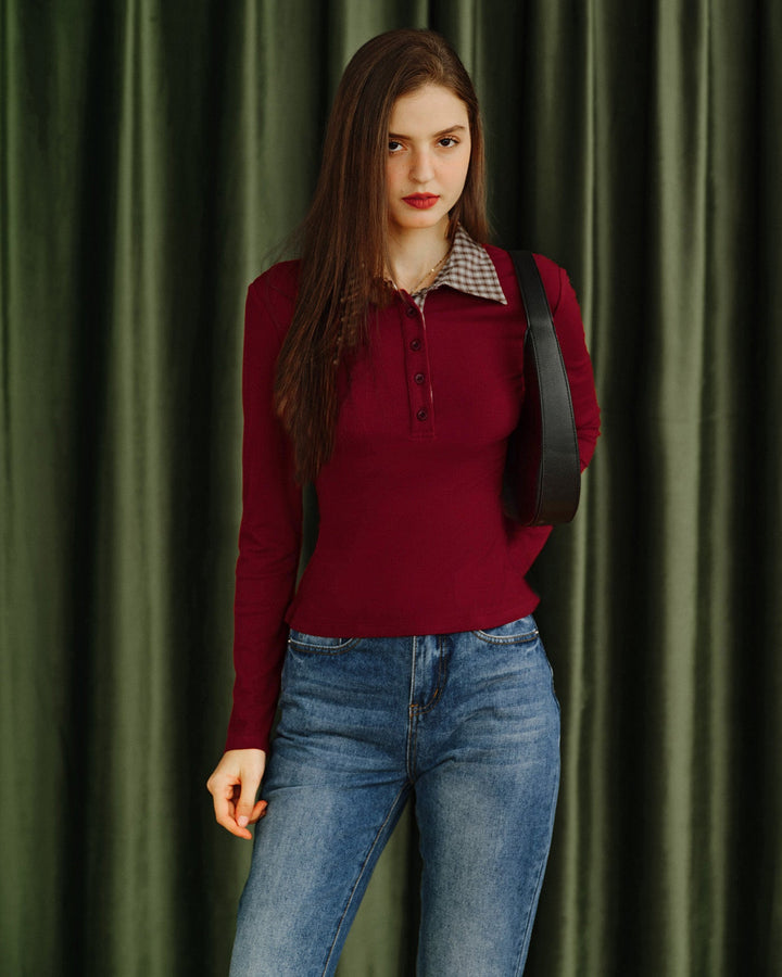 Red Plaid Collar Viscose Tee