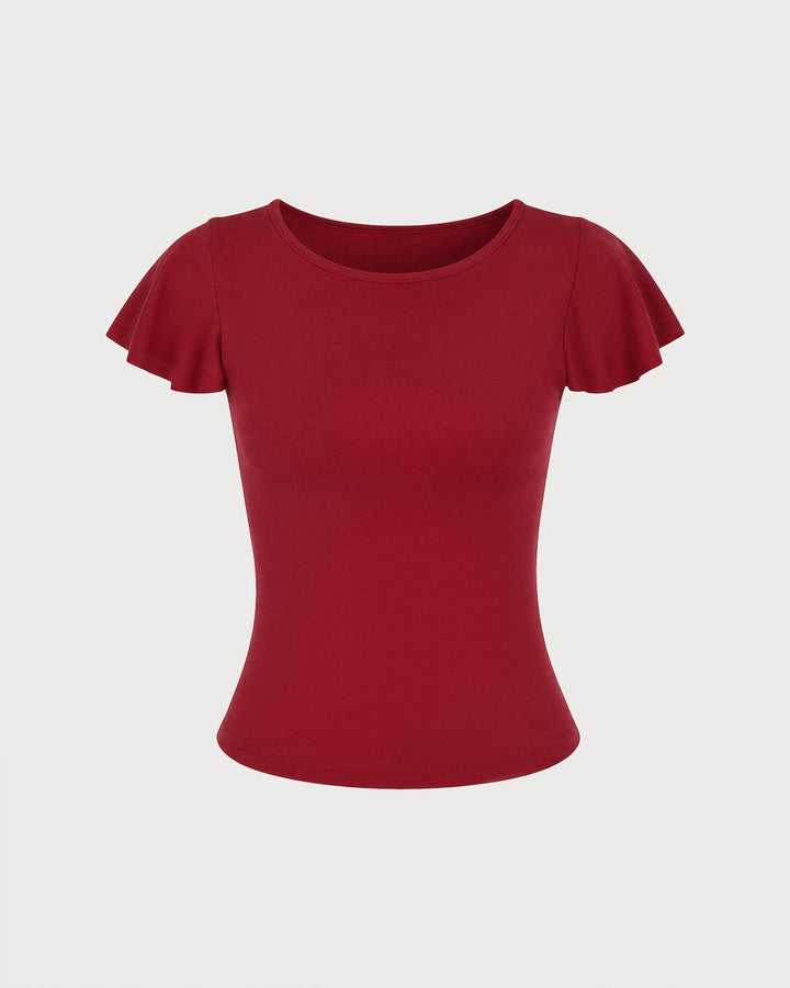 Red Solid Boat Neck Knit Tee