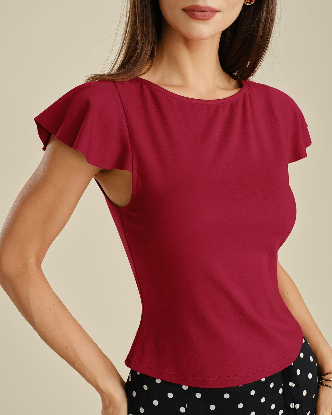 Red Solid Boat Neck Knit Tee