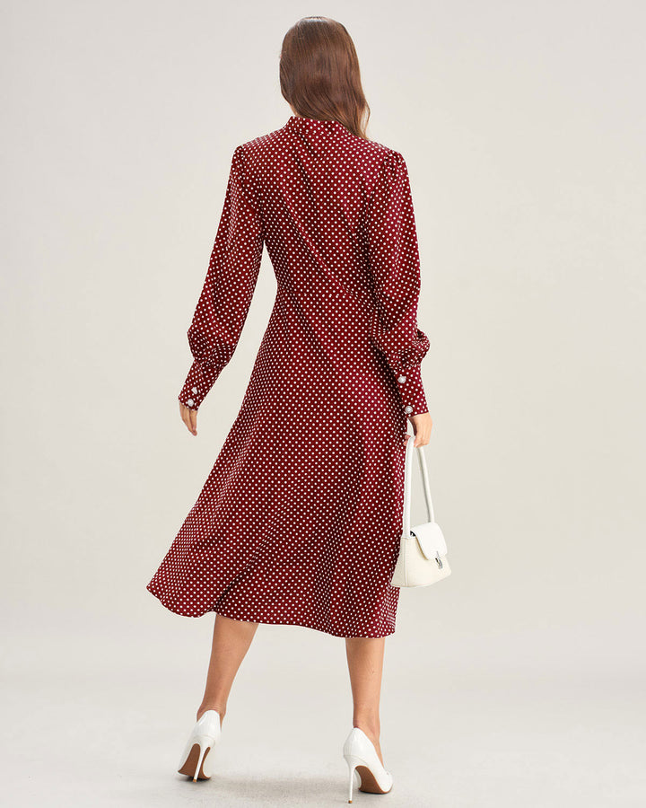 Wine Red Bishop Sleeve Polka Dot Midi Dress