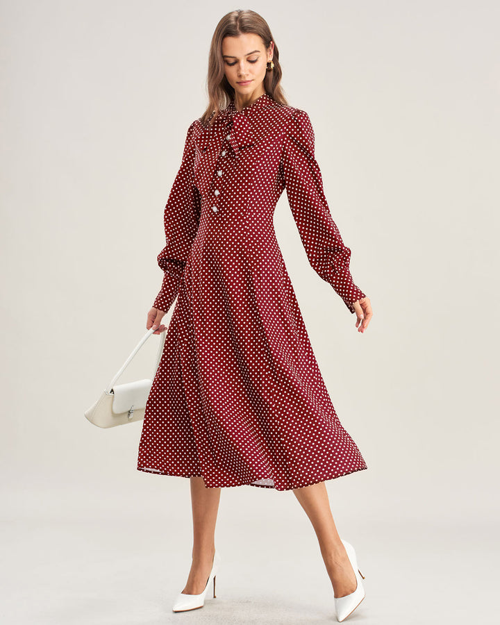 Wine Red Bishop Sleeve Polka Dot Midi Dress
