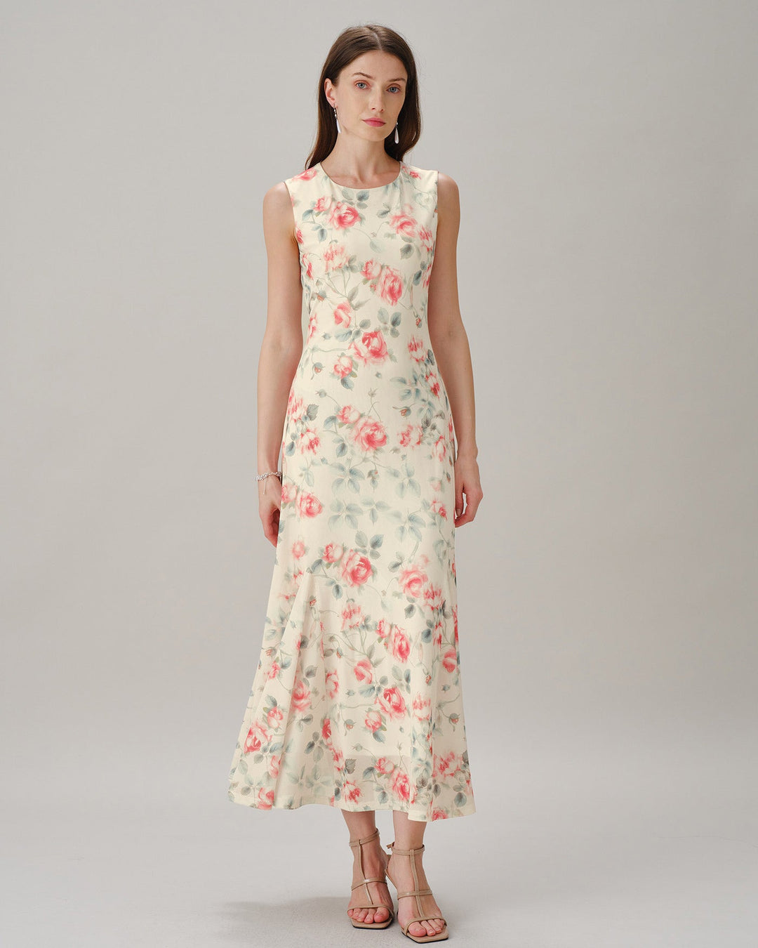 Pink Round Neck Sleeveless Floral Maxi Dress