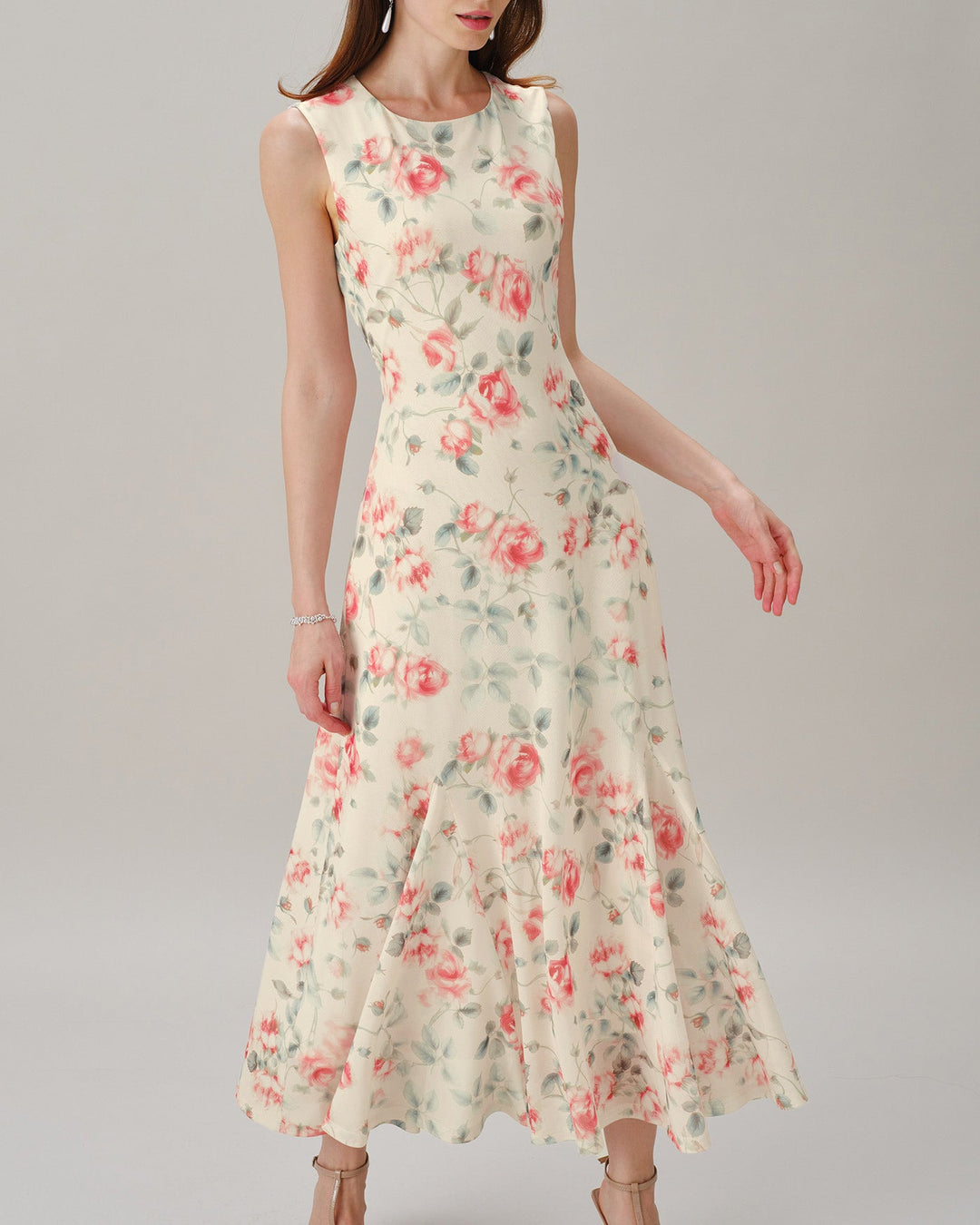 Pink Round Neck Sleeveless Floral Maxi Dress
