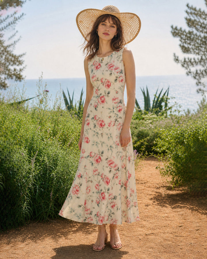 Pink Round Neck Sleeveless Floral Maxi Dress
