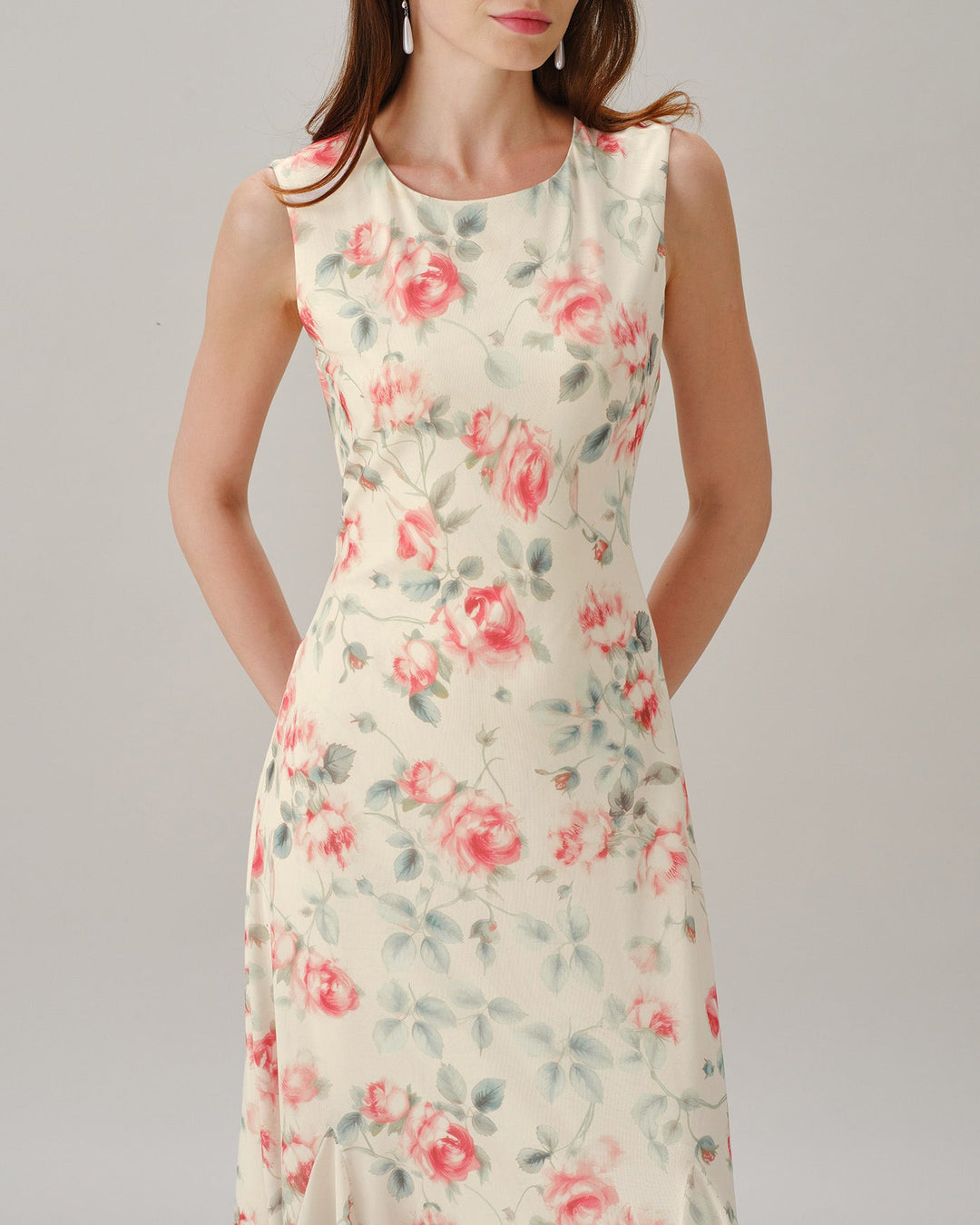Pink Round Neck Sleeveless Floral Maxi Dress