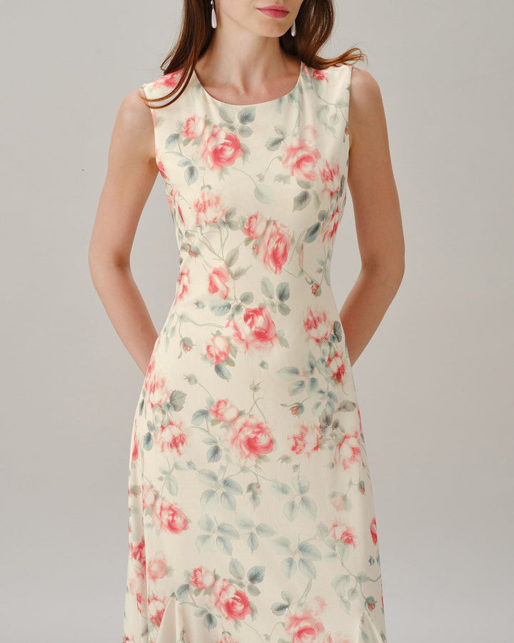 Pink Round Neck Sleeveless Floral Maxi Dress