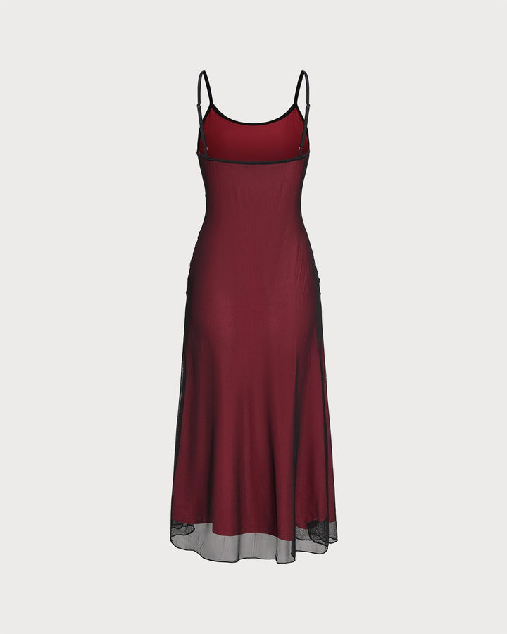 Wine Red Ruched Slip A-Line Midi Dress
