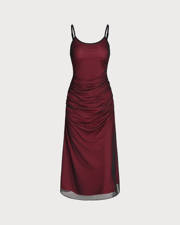 Wine Red Ruched Slip A-Line Midi Dress