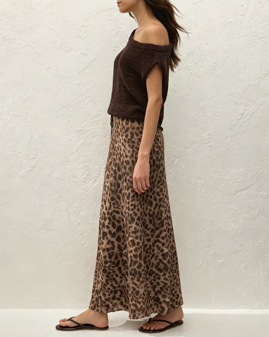 Brown Animal Print Mesh Maxi Skirt