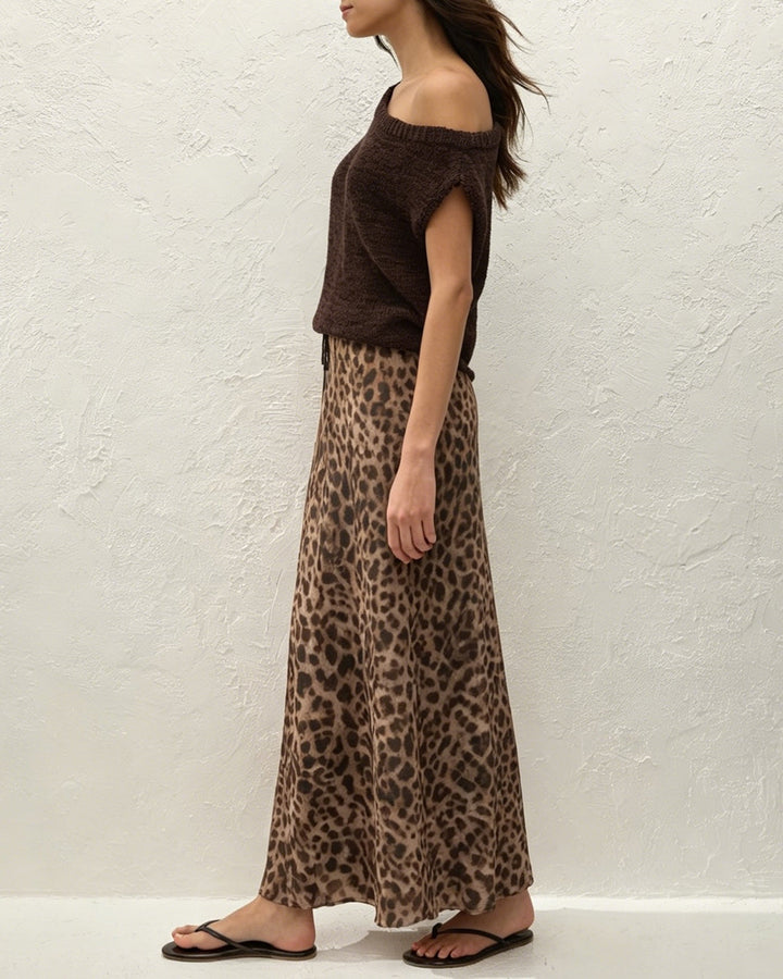 Brown Animal Print Mesh Maxi Skirt