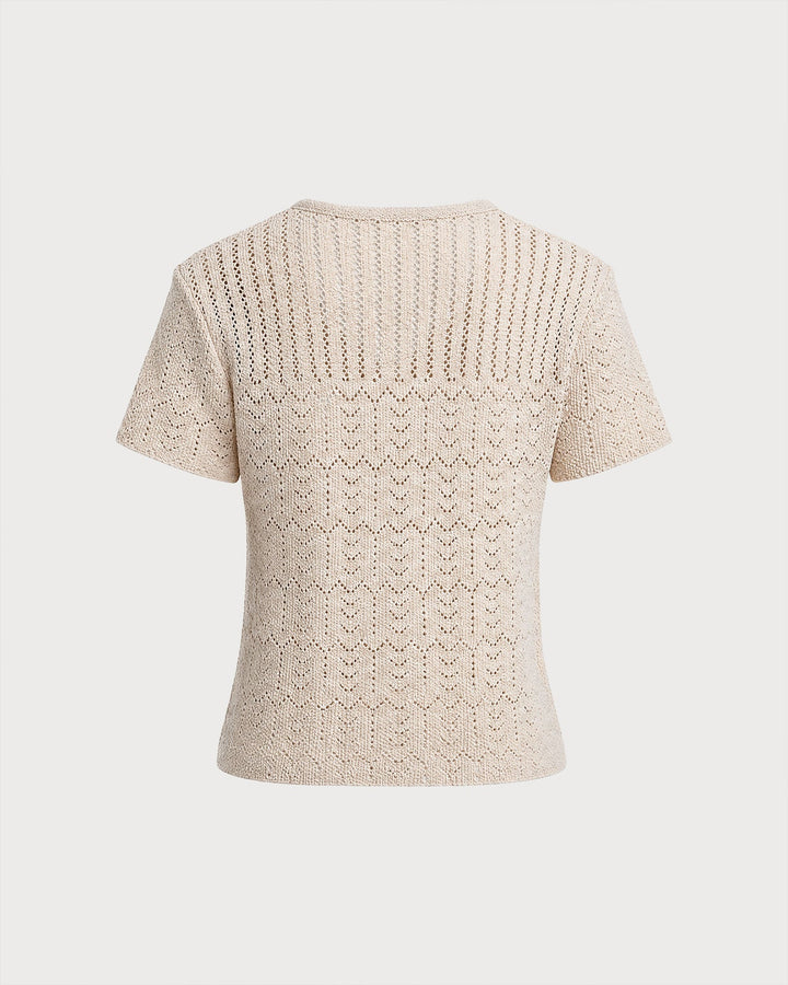 Beige V Neck Textured Button Knit Cardigan