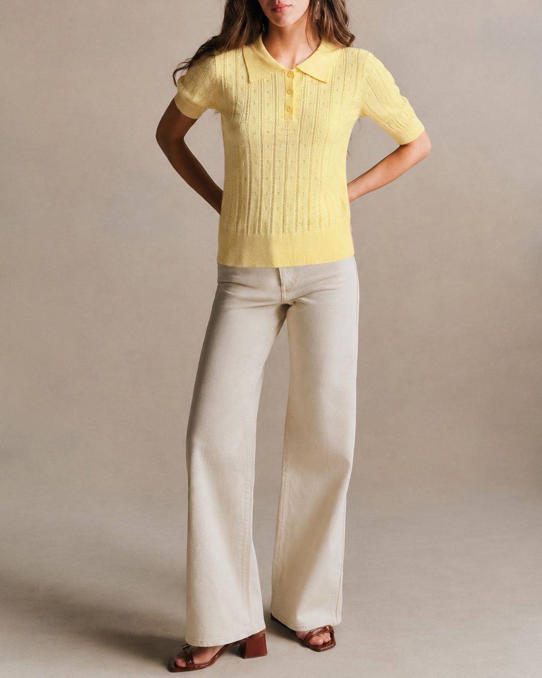 Yellow Collar Button Textured Sweater