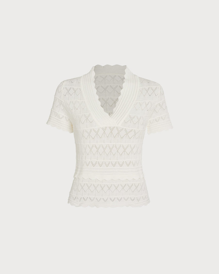 Off White Solid V Neck Textured Sweater