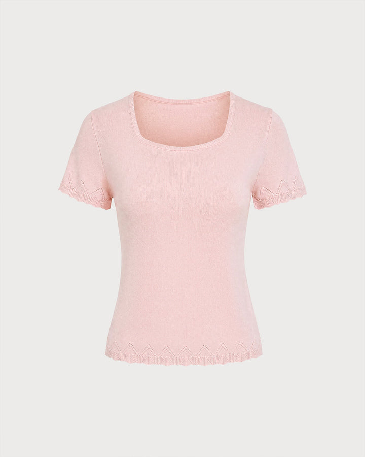 Pink U Neck Textured Knit Sweater