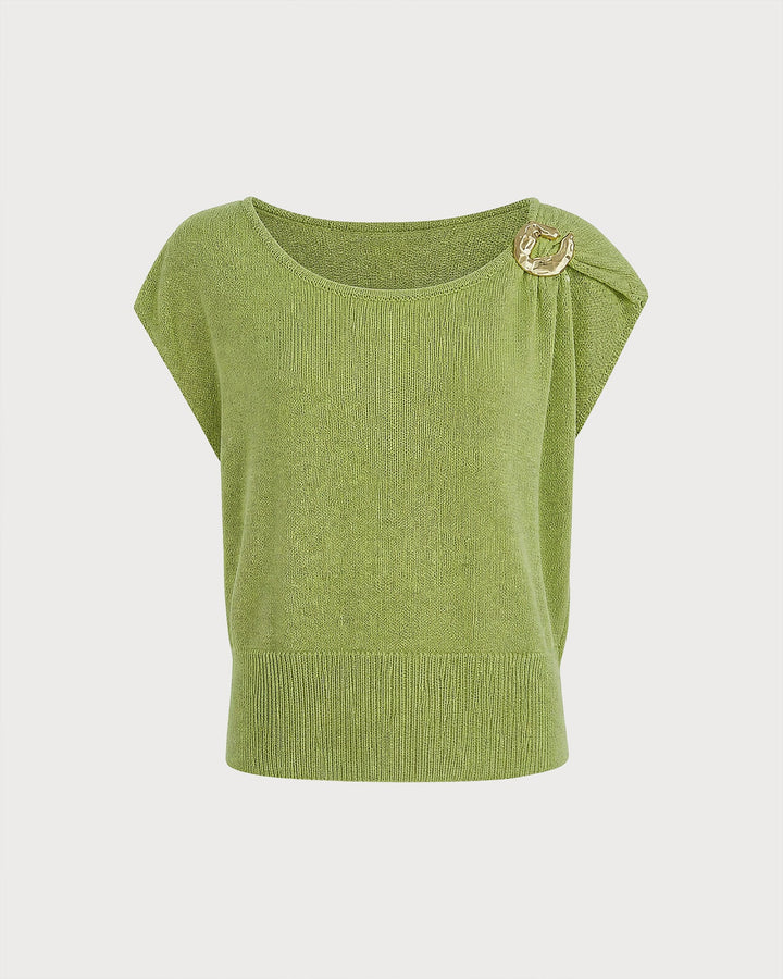 Green Round Neck Drop Shoulder Knit Sweater