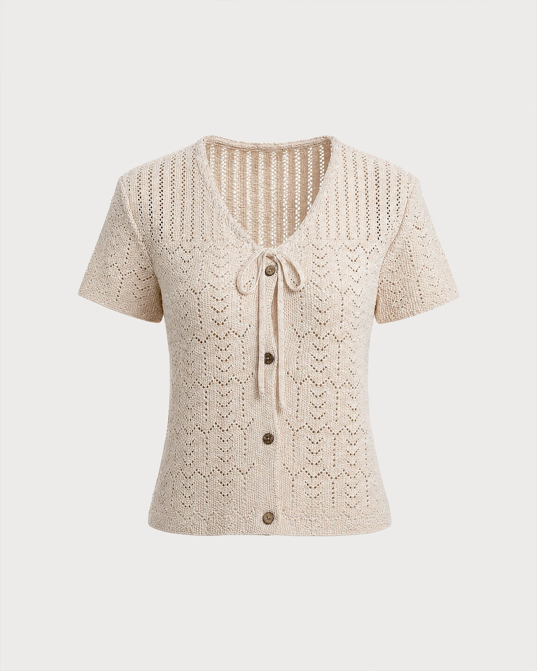 Beige V Neck Textured Button Knit Cardigan