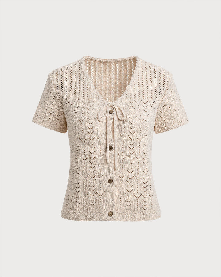 Beige V Neck Textured Button Knit Cardigan