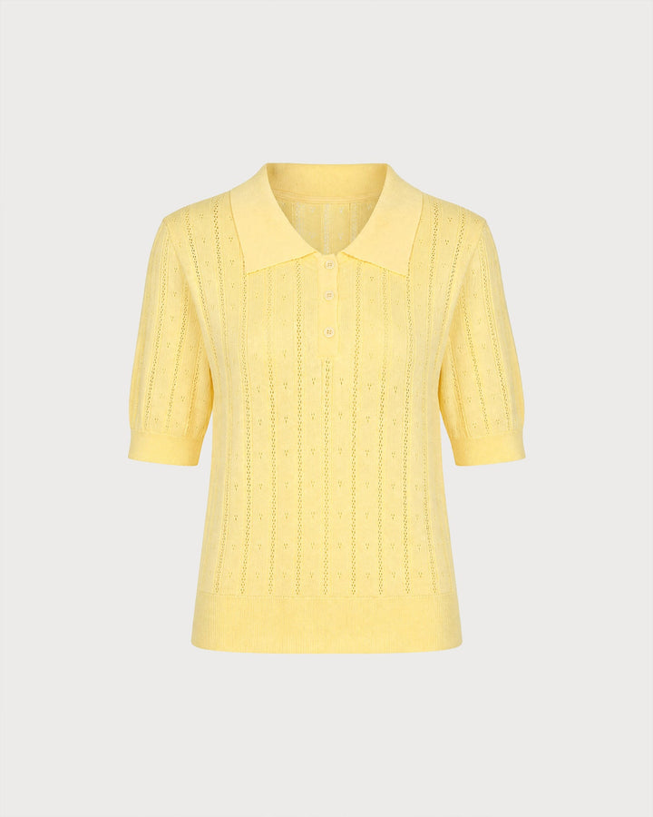 Yellow Collar Button Textured Sweater