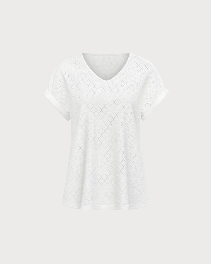 White V Neck Cut Out Textured Tee