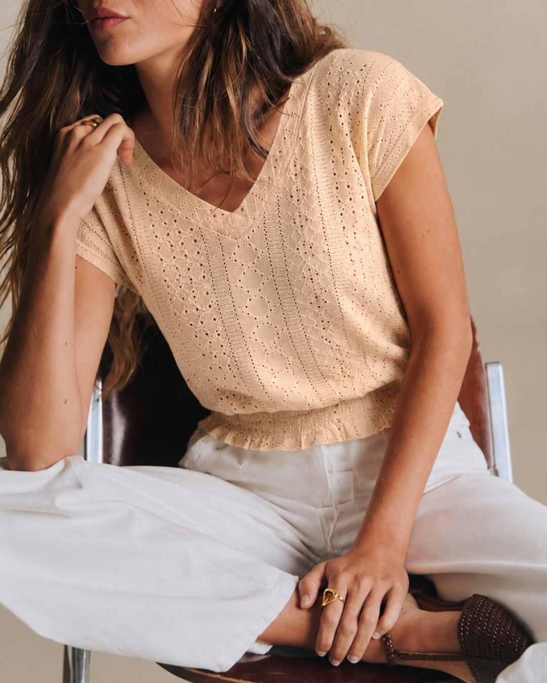 Yellow V Neck Ruched Textured Tee