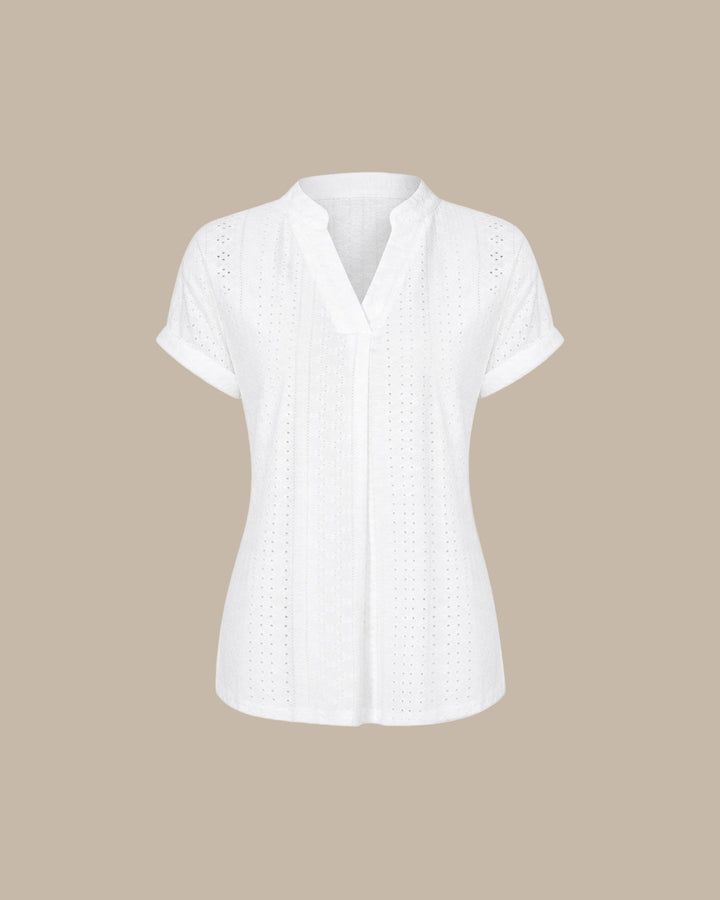 White V Neck Textured Cut Out Tee