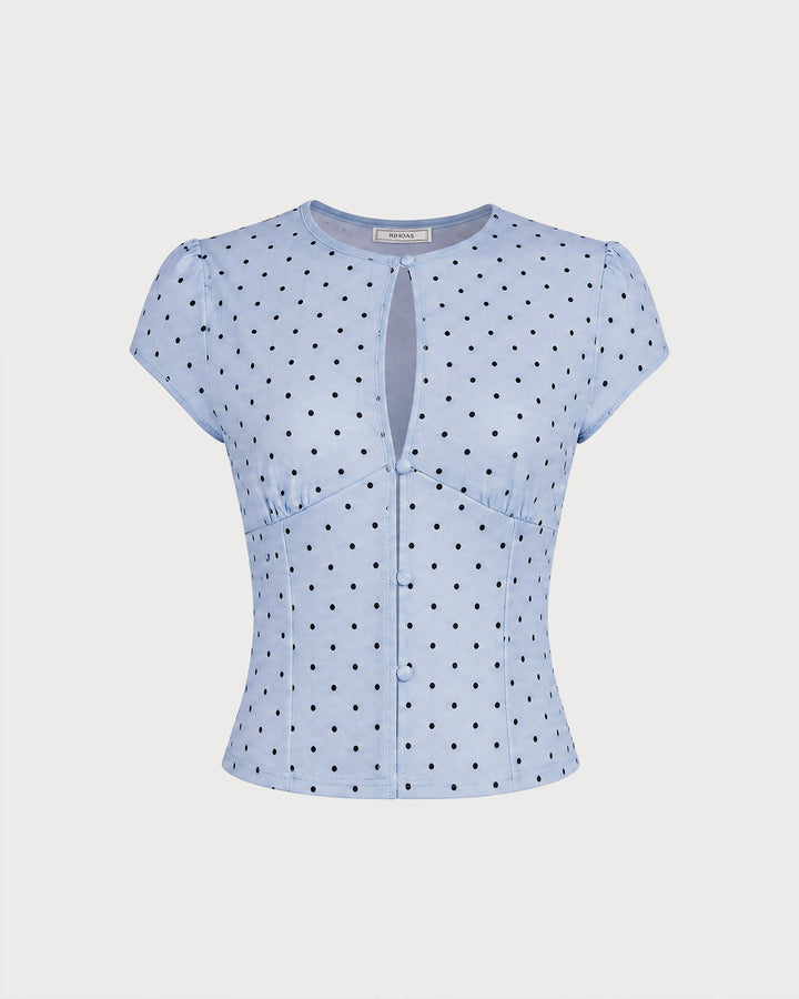 Blue Round Neck Polka Dot Button Tee