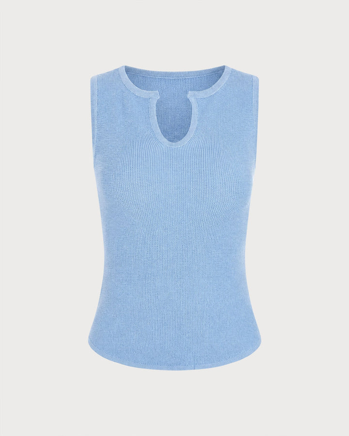 Blue V Neck Textured Knit Tank Top