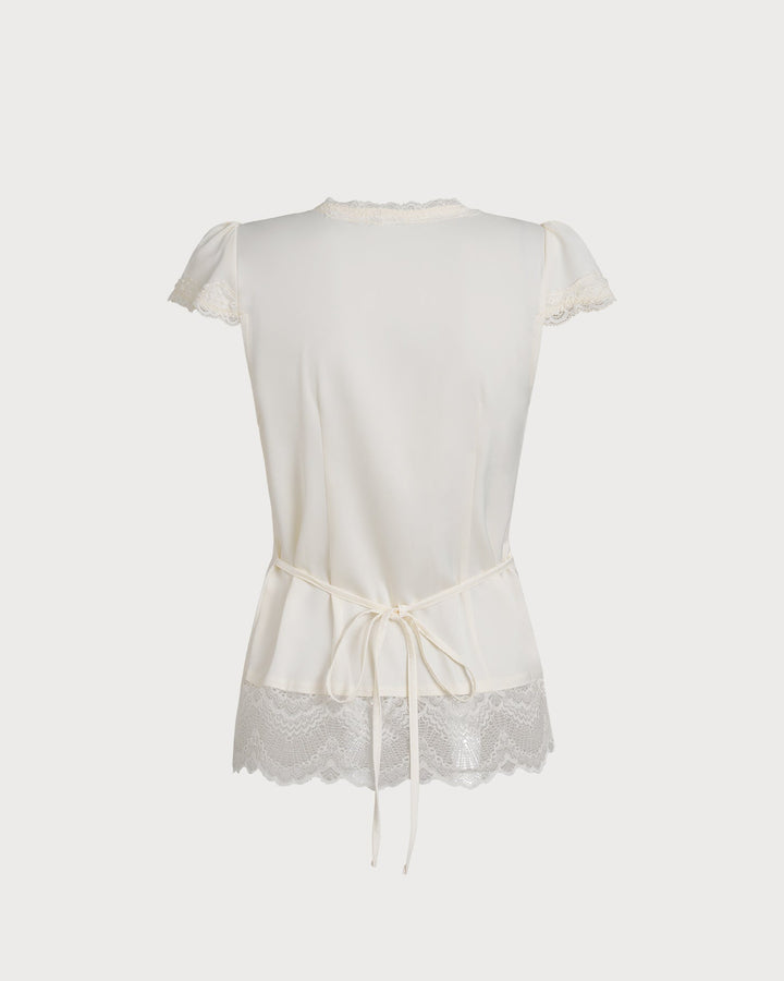 Apricot V Neck Lace Splicing Tee
