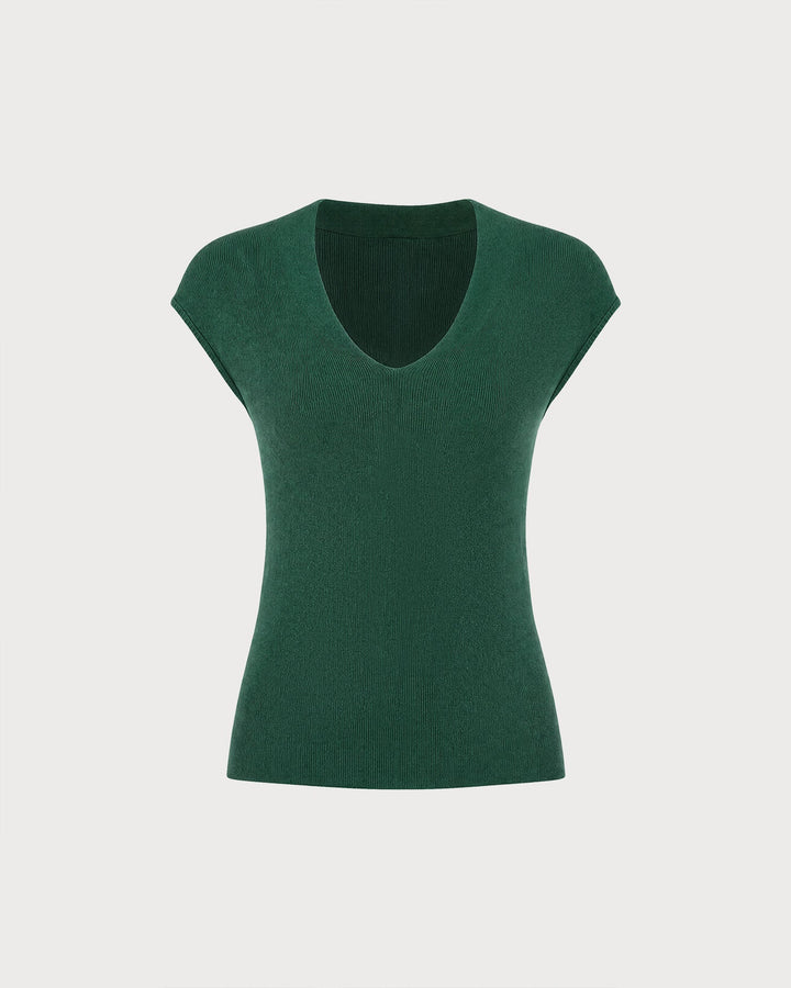 Green V Neck Textured Knit Tank Top