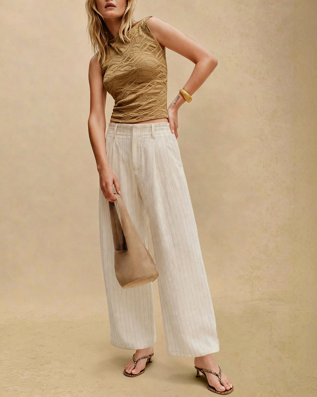 Apricot Elastic Waist Pockets Straight Pants