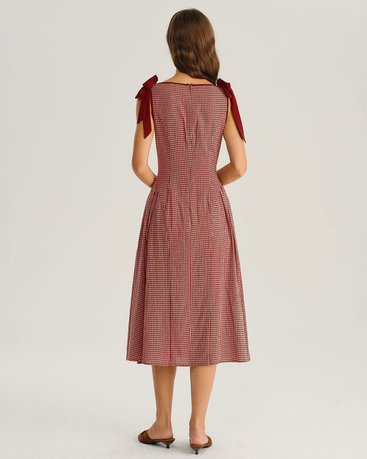 Red Gingham Tie Strap A-Line Midi Dress