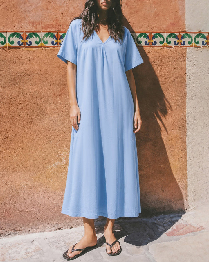 Blue Solid V Neck Pockets Midi Dress