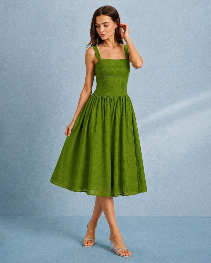 Green Square Neck Lace Slip Midi Dress