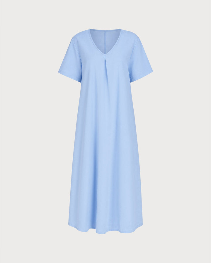 Blue Solid V Neck Pockets Midi Dress