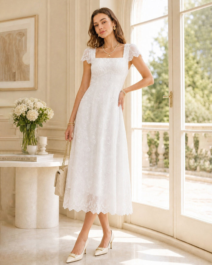 White Square Neck Embroidery Midi Dress