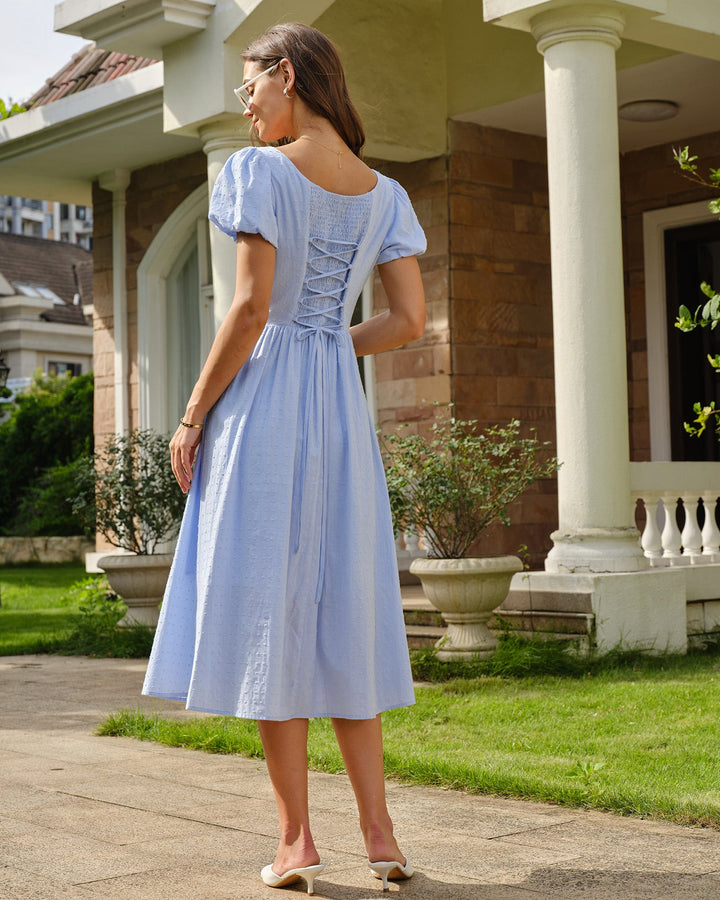 Blue Square Neck Puffed Sleeve Tie Midi Dress