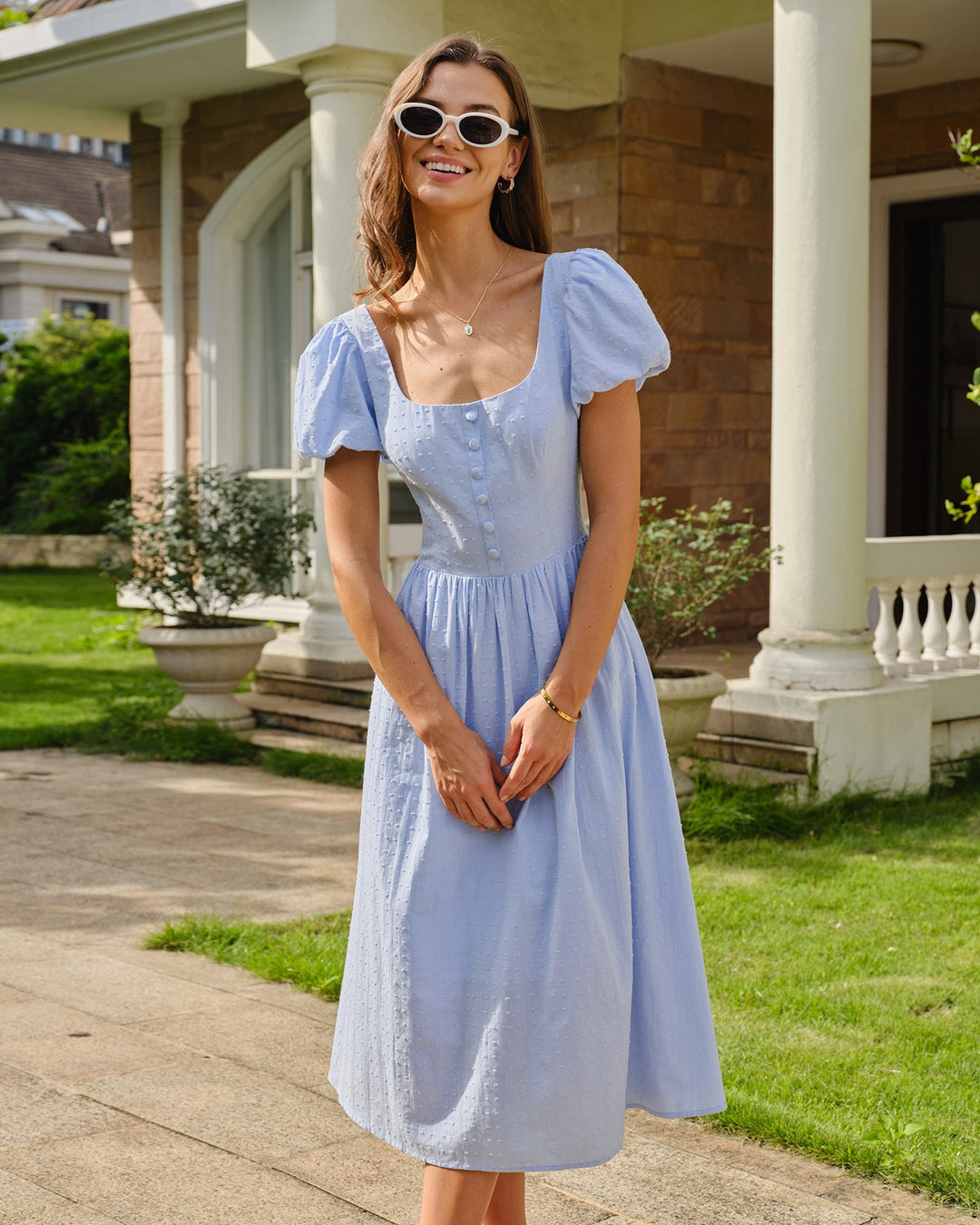Blue Square Neck Puffed Sleeve Tie Midi Dress