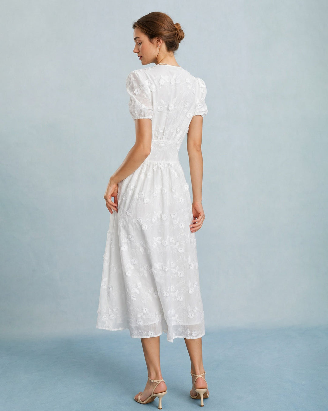 White Puffed Sleeve Embroidery Midi Dress