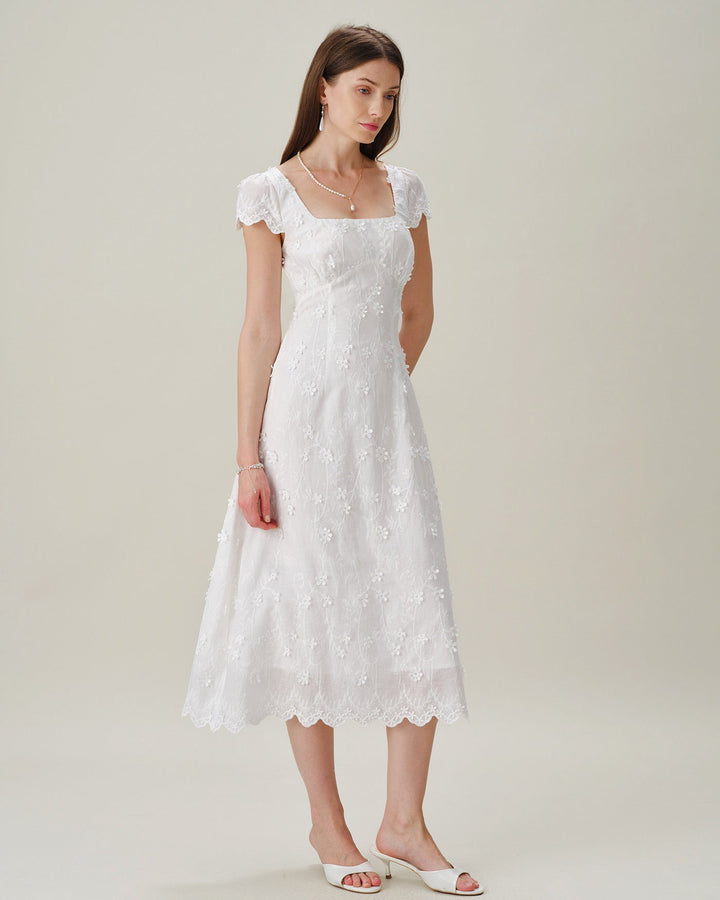 White Square Neck Embroidery Midi Dress