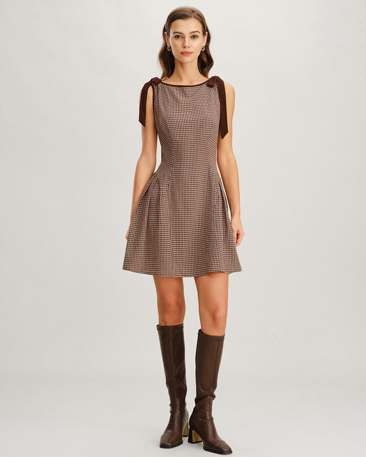 Brown Gingham Tie Strap Mini Dress