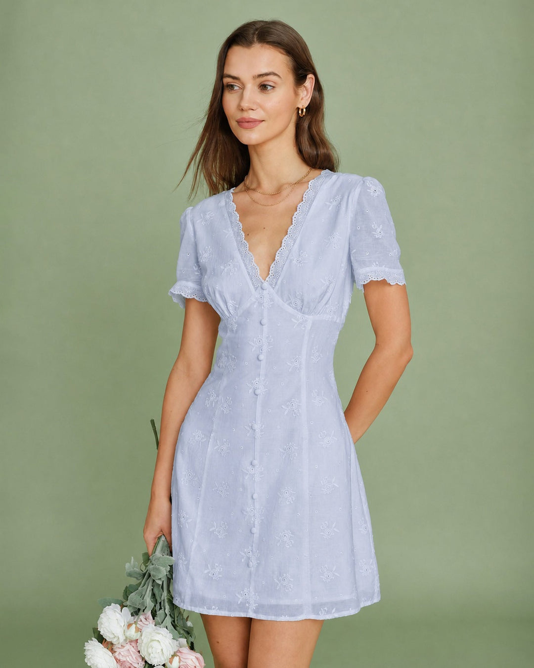 Blue V Neck Lace Embroidery Mini Dress