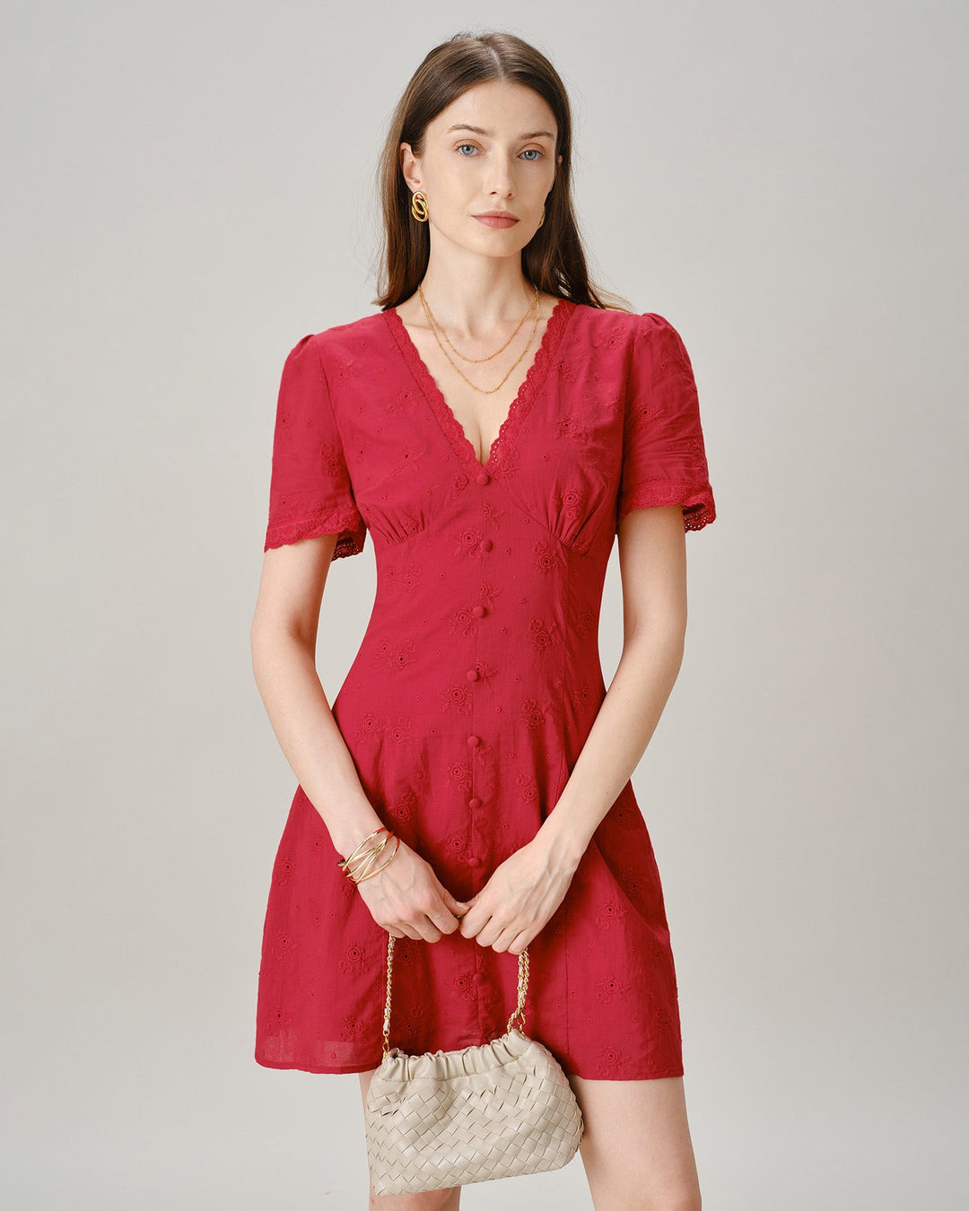 Red V Neck Lace Button Mini Dress