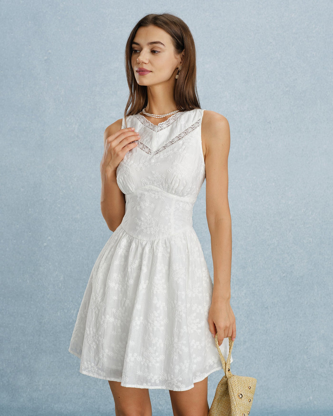 White V Neck Lace Embroidery Mini Dress