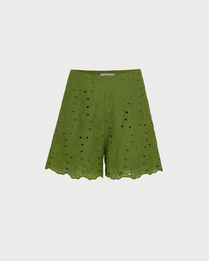 Green Cut Out Embroidery Pockets Shorts