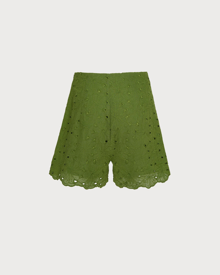 Green Cut Out Embroidery Pockets Shorts