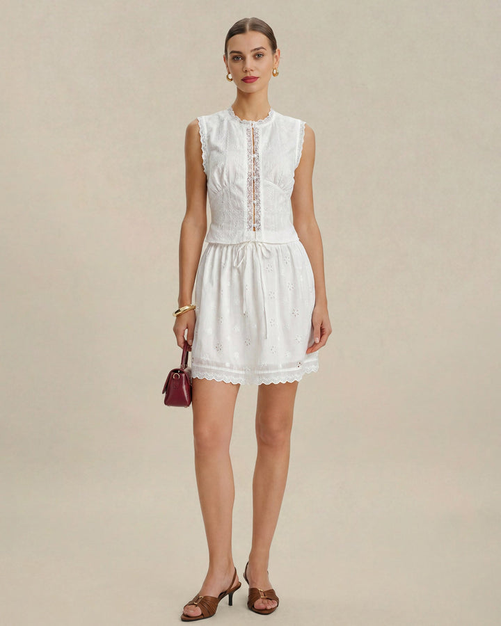 White Elastic Waist Embroidery Mini Skirt